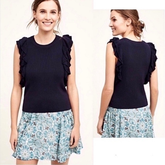 Anthropologie Navy Ruffle Sleeve Women's Top Size L - Picture 1 of 6